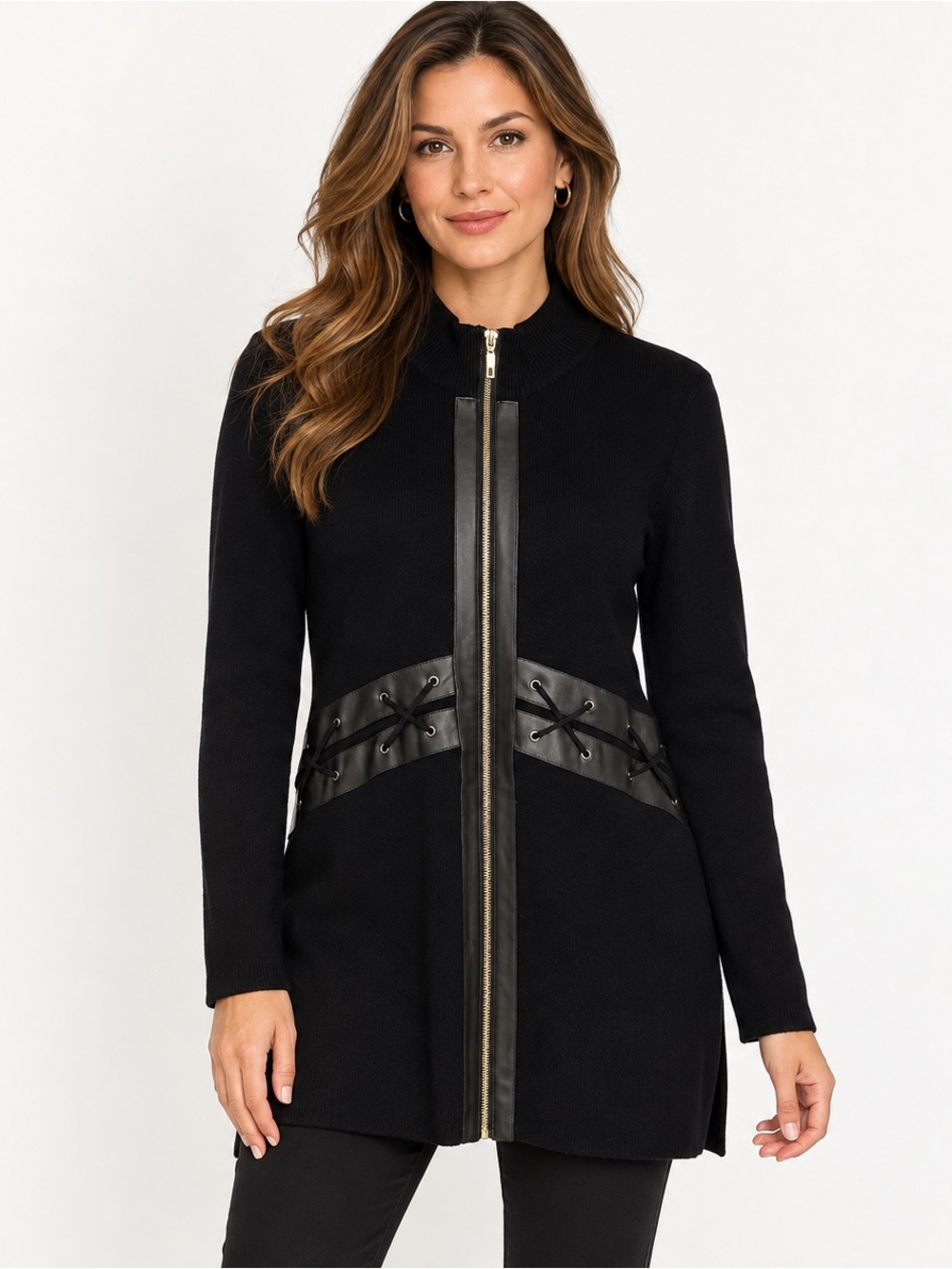 Belldini Women’s M Black Long Cardigan Jacket Faux Leather Lace Up Zip Front